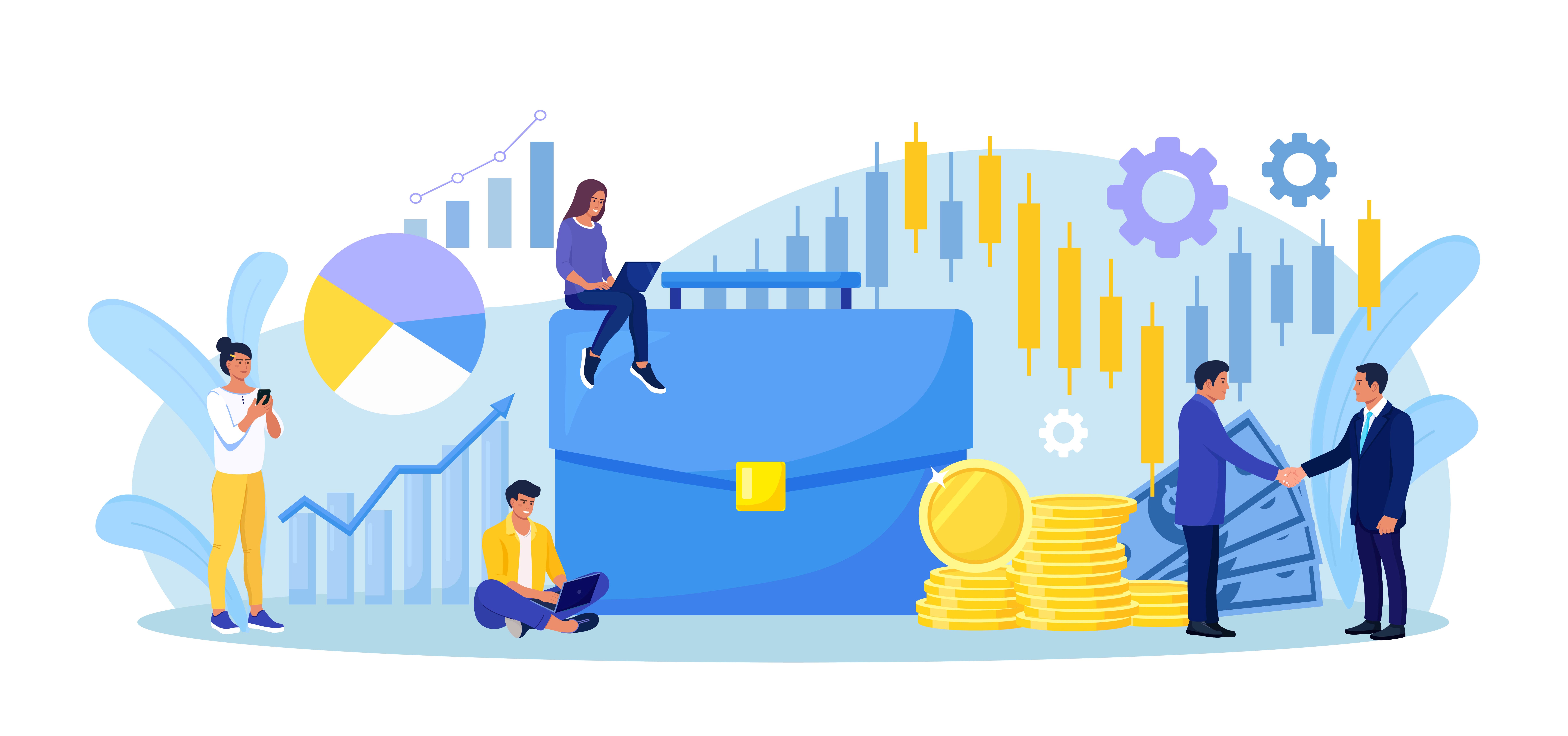Business people with investor portfolio. Briefcase with money stacks, pie chart, graph. Financial literacy, investment. Businessmen invests in stocks and bonds. Stock market trading strategy